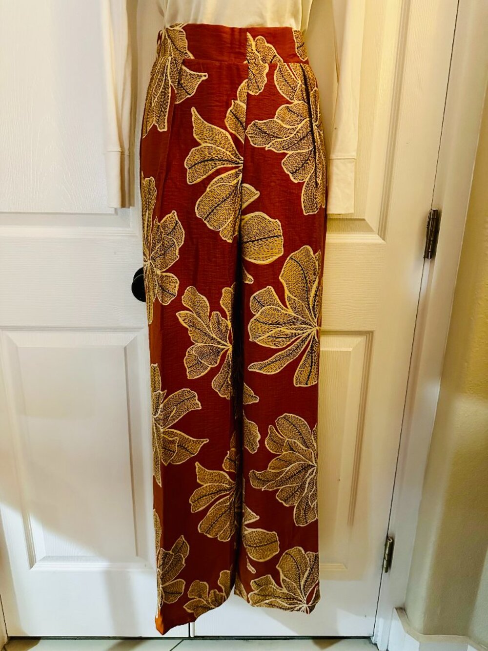 Primark Rust Orange & Gold Tropical Leaf Wide-Leg Pants | Size XS (NWT)